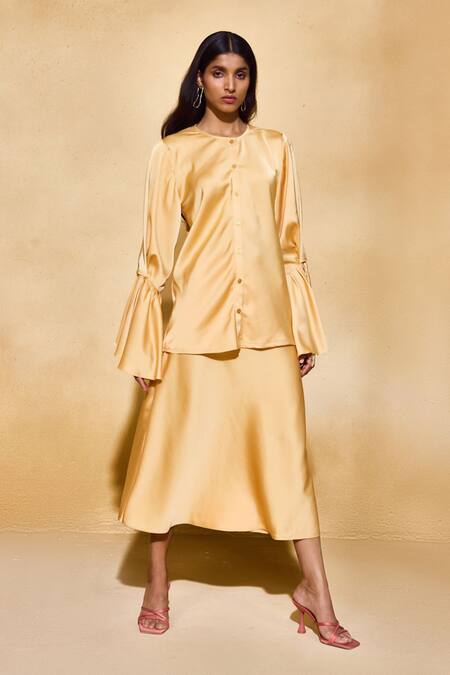 Buy_Echostudio_Yellow Satin Collared, Button-down Neck Celine Skirt And Top Set _Online_at_Aza_Fashions