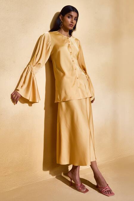 Shop_Echostudio_Yellow Satin Collared, Button-down Neck Celine Skirt And Top Set _Online_at_Aza_Fashions