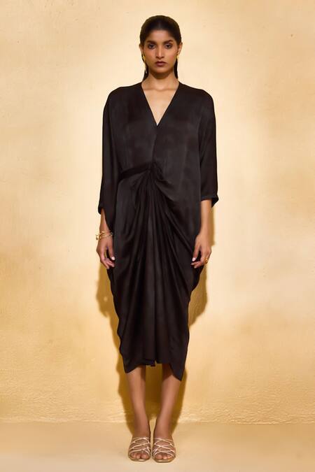 Echostudio Black Satin V-neck Designer Ash Midi Dress Online at Aza Fashions Echostudio_Black Satin V-neck Designer Ash Midi Dress _Online_at_Aza_Fashions