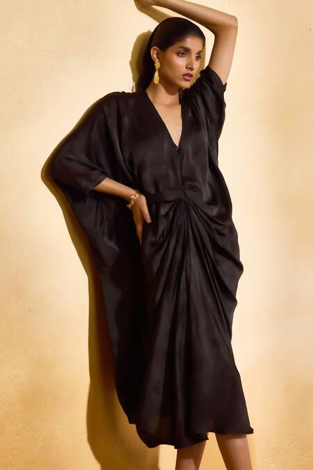 Shop Echostudio Black Satin V-neck Designer Ash Midi Dress Online at Aza Fashions Shop_Echostudio_Black Satin V-neck Designer Ash Midi Dress _Online_at_Aza_Fashions