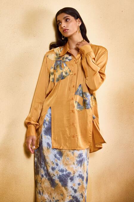 Buy_Echostudio_Orange Satin Collared Cora Co-ord Set _Online_at_Aza_Fashions