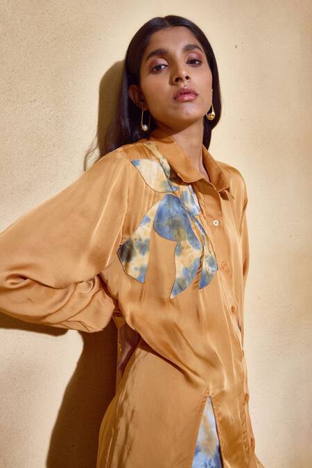 Shop_Echostudio_Orange Satin Collared Cora Co-ord Set _Online_at_Aza_Fashions