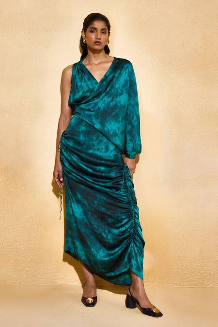 Buy_Echostudio_Green Satin V-neck Inka Midi Dress _Online_at_Aza_Fashions