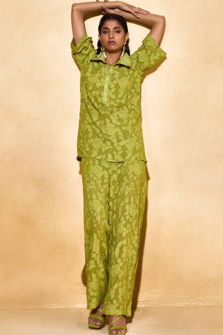 Echostudio_Green Jacquard, Viscose Collared Moss Co-ord Set _Online_at_Aza_Fashions