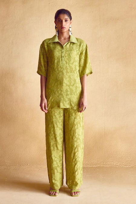 Buy_Echostudio_Green Jacquard, Viscose Collared Moss Co-ord Set _Online_at_Aza_Fashions