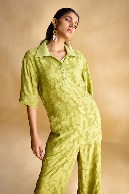 Shop_Echostudio_Green Jacquard, Viscose Collared Moss Co-ord Set _Online_at_Aza_Fashions