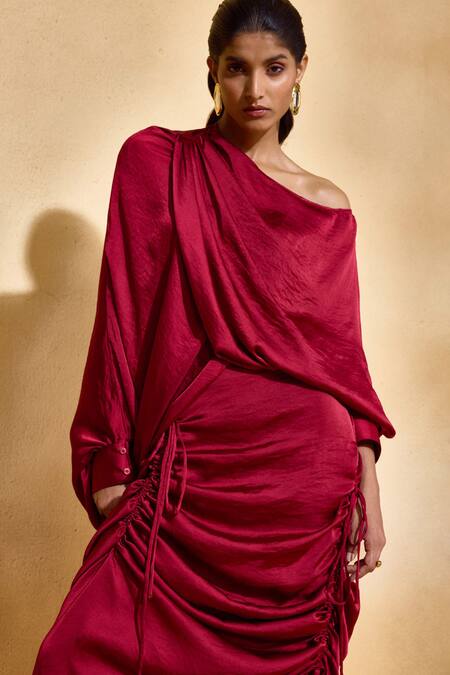 Echostudio_Red Satin Off-shoulder Layla Set _Online_at_Aza_Fashions