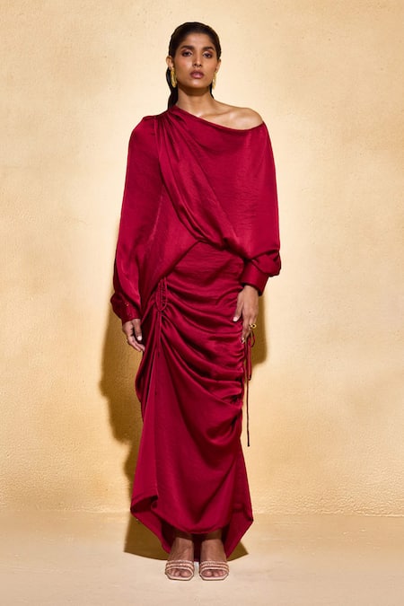 Buy_Echostudio_Red Satin Off-shoulder Layla Set _Online_at_Aza_Fashions