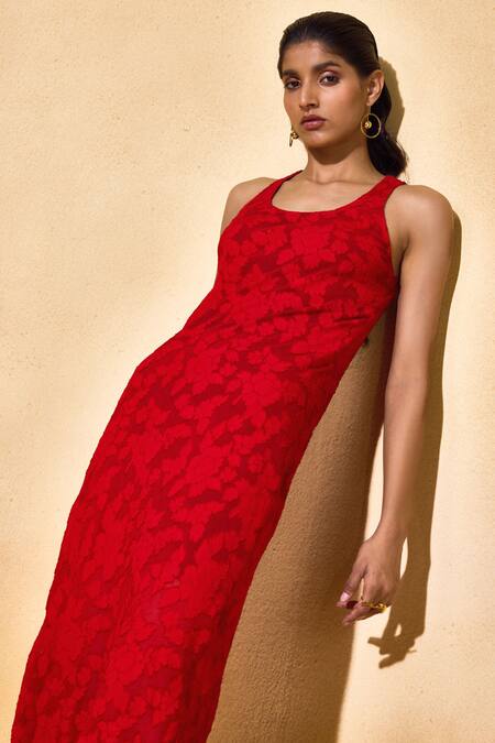 Echostudio_Red Jacquard, Viscose Scoop Neck Moss Dress _Online_at_Aza_Fashions