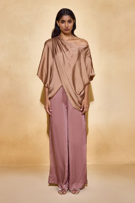 Echostudio_Brown Satin Off-shoulder Bronze Imported Lara Top _Online_at_Aza_Fashions