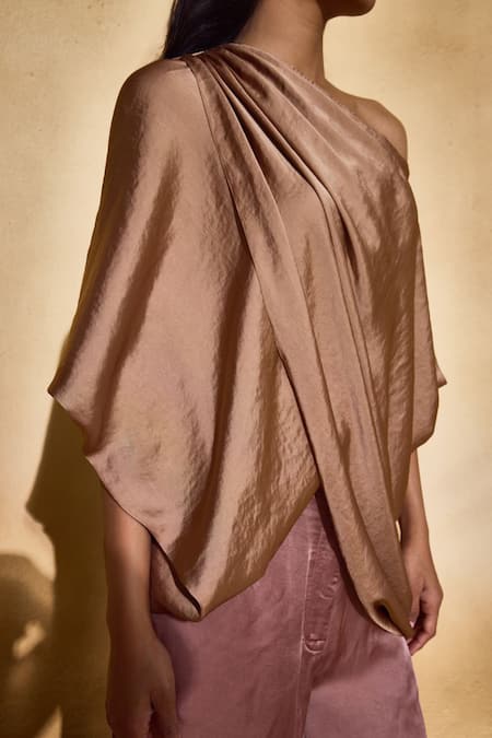 Buy_Echostudio_Brown Satin Off-shoulder Bronze Imported Lara Top _Online_at_Aza_Fashions
