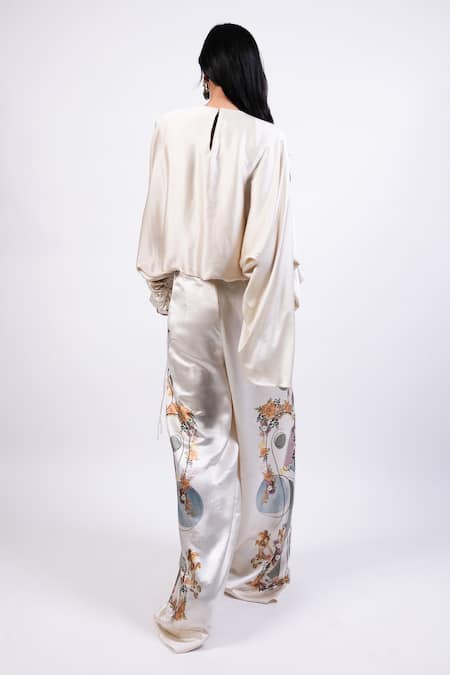 Shop AK-OK Cream Satin Embroidery Boat Neck Multi Color Top And Pant Set at Aza Fashions Shop_AK-OK_Cream Satin Embroidery Boat Neck Multi Color Top And Pant Set _at_Aza_Fashions