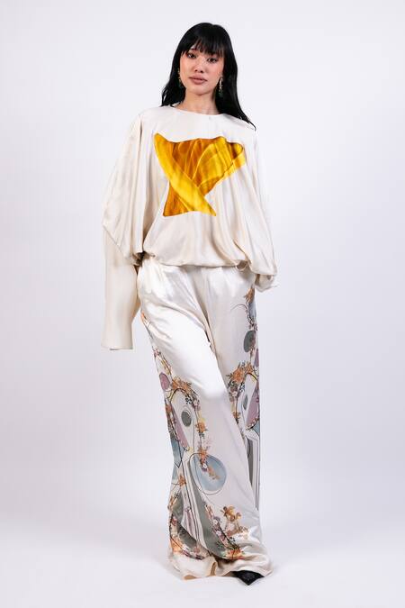 Buy AK-OK Cream Satin Embroidery Boat Neck Multi Color Top And Pant Set Online at Aza Fashions Buy_AK-OK_Cream Satin Embroidery Boat Neck Multi Color Top And Pant Set _Online_at_Aza_Fashions