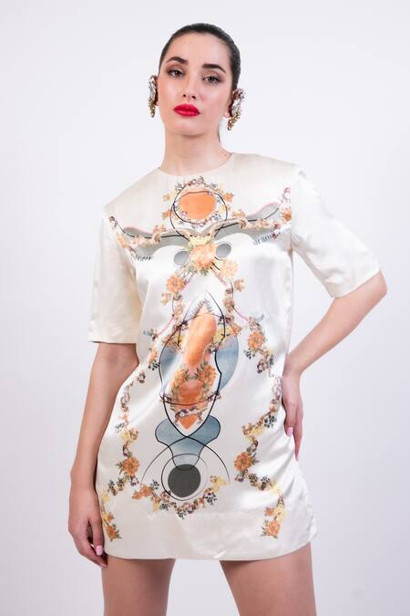 AK-OK Multi Color Satin Round Neck Dress at Aza Fashions AK-OK_Multi Color Satin Round Neck Dress _at_Aza_Fashions