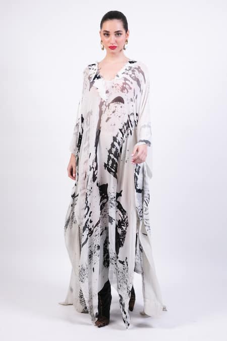 AK-OK Black Silk V-neck And White Printed Kaftan Online at Aza Fashions AK-OK_Black Silk V-neck And White Printed Kaftan _Online_at_Aza_Fashions