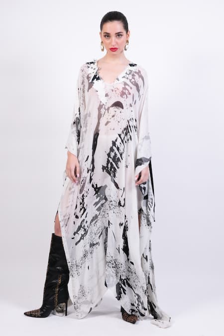Buy AK-OK Black Silk V-neck And White Printed Kaftan Online at Aza Fashions Buy_AK-OK_Black Silk V-neck And White Printed Kaftan _Online_at_Aza_Fashions