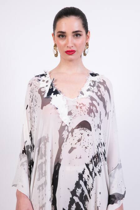 Shop AK-OK Black Silk V-neck And White Printed Kaftan Online at Aza Fashions Shop_AK-OK_Black Silk V-neck And White Printed Kaftan _Online_at_Aza_Fashions