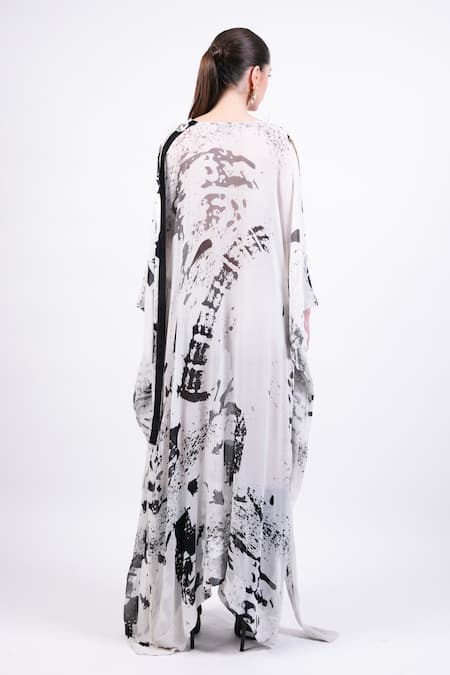 AK-OK Black Silk V-neck And White Printed Kaftan at Aza Fashions AK-OK_Black Silk V-neck And White Printed Kaftan _at_Aza_Fashions