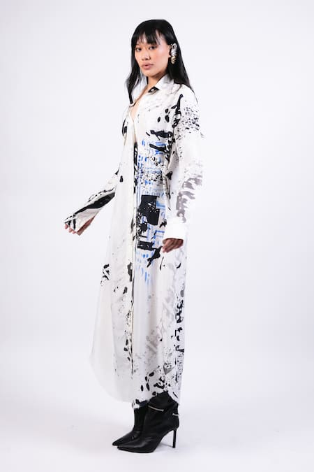 AK-OK Black Silk Collared And White Abstract Print Shirt Dress Online at Aza Fashions AK-OK_Black Silk Collared And White Abstract Print Shirt Dress _Online_at_Aza_Fashions