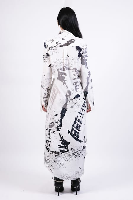 Shop AK-OK Black Silk Collared And White Abstract Print Shirt Dress at Aza Fashions Shop_AK-OK_Black Silk Collared And White Abstract Print Shirt Dress _at_Aza_Fashions
