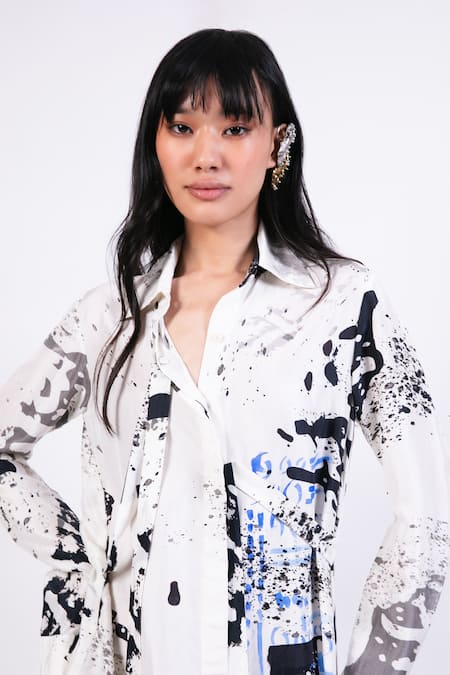 Buy AK-OK Black Silk Collared And White Abstract Print Shirt Dress Online at Aza Fashions Buy_AK-OK_Black Silk Collared And White Abstract Print Shirt Dress _Online_at_Aza_Fashions