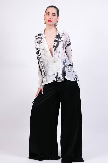 AK-OK Black Silk V-neck And White Shirt Pant Set Online at Aza Fashions AK-OK_Black Silk V-neck And White Shirt Pant Set _Online_at_Aza_Fashions