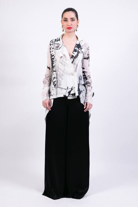 Buy AK-OK Black Silk V-neck And White Shirt Pant Set Online at Aza Fashions Buy_AK-OK_Black Silk V-neck And White Shirt Pant Set _Online_at_Aza_Fashions