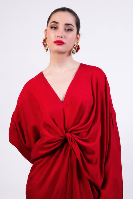 AK-OK Red Silk Embroidery V-neck Draped Kaftan Online at Aza Fashions AK-OK_Red Silk Embroidery V-neck Draped Kaftan _Online_at_Aza_Fashions