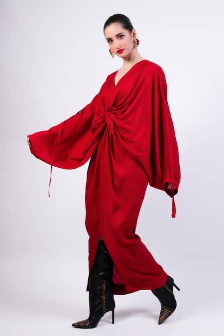 Buy AK-OK Red Silk Embroidery V-neck Draped Kaftan Online at Aza Fashions Buy_AK-OK_Red Silk Embroidery V-neck Draped Kaftan _Online_at_Aza_Fashions