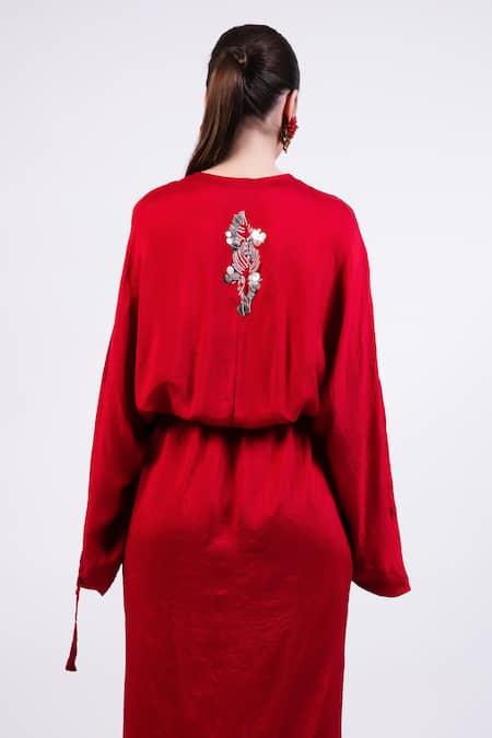Shop AK-OK Red Silk Embroidery V-neck Draped Kaftan at Aza Fashions Shop_AK-OK_Red Silk Embroidery V-neck Draped Kaftan _at_Aza_Fashions