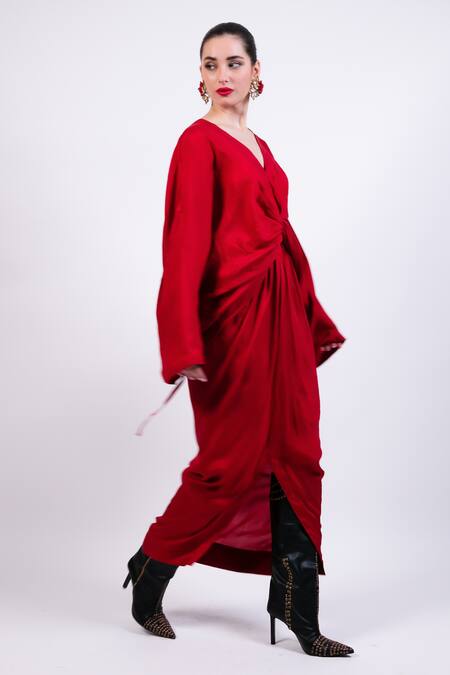 Shop AK-OK Red Silk Embroidery V-neck Draped Kaftan Online at Aza Fashions Shop_AK-OK_Red Silk Embroidery V-neck Draped Kaftan _Online_at_Aza_Fashions