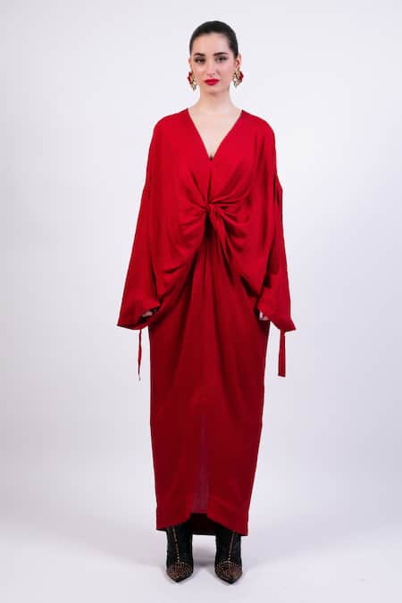 AK-OK Red Silk Embroidery V-neck Draped Kaftan at Aza Fashions AK-OK_Red Silk Embroidery V-neck Draped Kaftan _at_Aza_Fashions