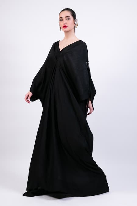 AK-OK Black Silk Embroidery V-neck Knotted Kaftan Online at Aza Fashions AK-OK_Black Silk Embroidery V-neck Knotted Kaftan _Online_at_Aza_Fashions