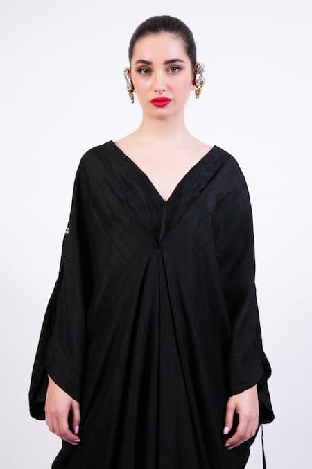Buy AK-OK Black Silk Embroidery V-neck Knotted Kaftan Online at Aza Fashions Buy_AK-OK_Black Silk Embroidery V-neck Knotted Kaftan _Online_at_Aza_Fashions