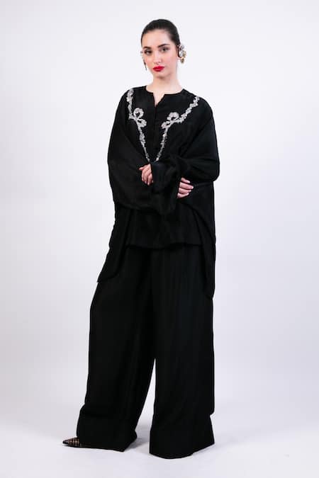 AK-OK Black Silk Embroidered Kurta Pant Set 