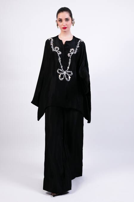 Shop AK-OK Black Silk Embroidery Kurta Pant Set Online at Aza Fashions Shop_AK-OK_Black Silk Embroidery Kurta Pant Set _Online_at_Aza_Fashions