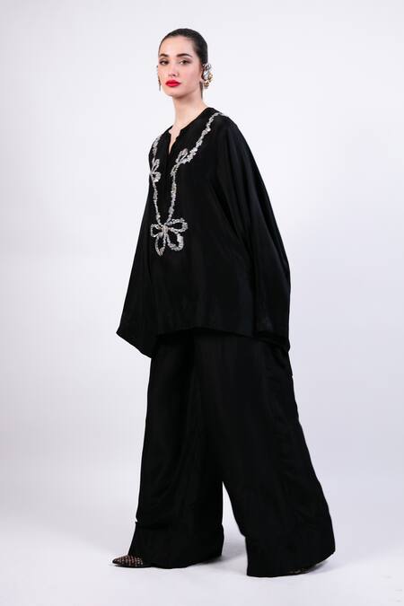 AK-OK Black Silk Embroidery Kurta Pant Set at Aza Fashions AK-OK_Black Silk Embroidery Kurta Pant Set _at_Aza_Fashions