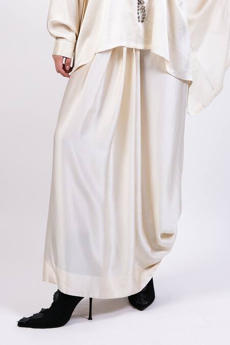 AK-OK_Cream Silk Beads Round Neck Kaftan And Draped Skirt Set _Online_at_Aza_Fashions