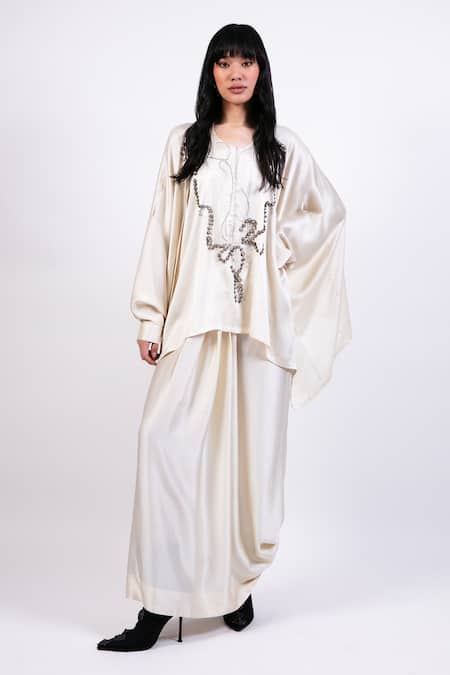 AK-OK Cream Silk Kaftan & Draped Skirt Set 