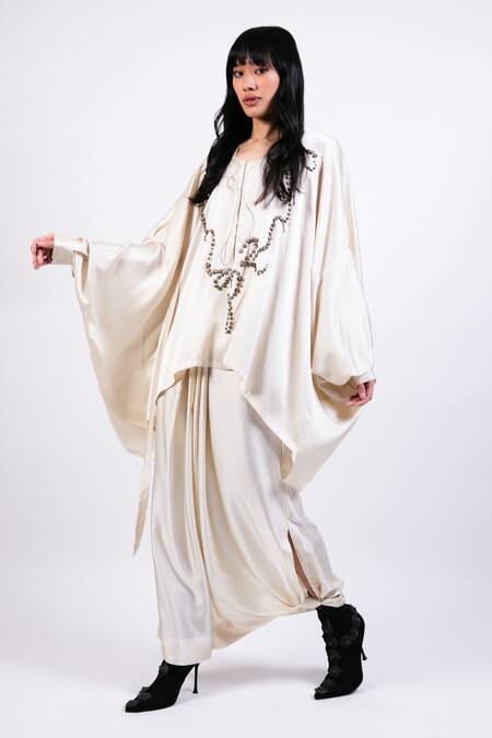 Buy_AK-OK_Cream Silk Beads Round Neck Kaftan And Draped Skirt Set _Online_at_Aza_Fashions