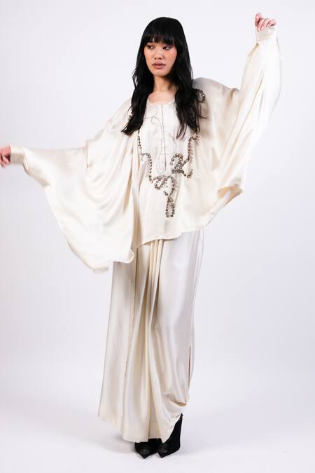 Shop_AK-OK_Cream Silk Beads Round Neck Kaftan And Draped Skirt Set _Online_at_Aza_Fashions