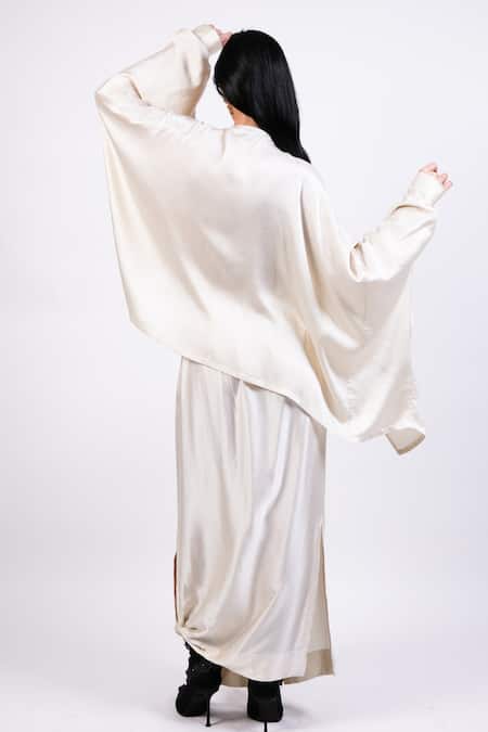 AK-OK Cream Silk Kaftan & Draped Skirt Set 