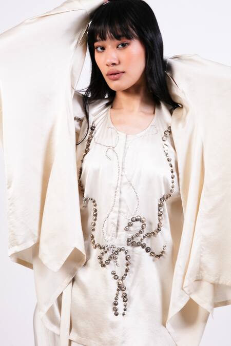 AK-OK_Cream Silk Beads Round Neck Kaftan And Draped Skirt Set _at_Aza_Fashions