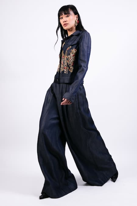 AK-OK Blue Denim Embroidery Collared Jacket And Pant Set Online at Aza Fashions AK-OK_Blue Denim Embroidery Collared Jacket And Pant Set _Online_at_Aza_Fashions