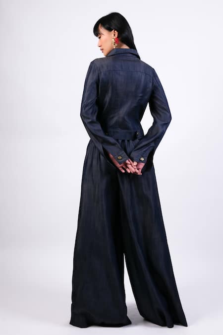 Shop AK-OK Blue Denim Embroidery Collared Jacket And Pant Set at Aza Fashions Shop_AK-OK_Blue Denim Embroidery Collared Jacket And Pant Set _at_Aza_Fashions