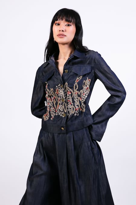 Buy AK-OK Blue Denim Embroidery Collared Jacket And Pant Set Online at Aza Fashions Buy_AK-OK_Blue Denim Embroidery Collared Jacket And Pant Set _Online_at_Aza_Fashions