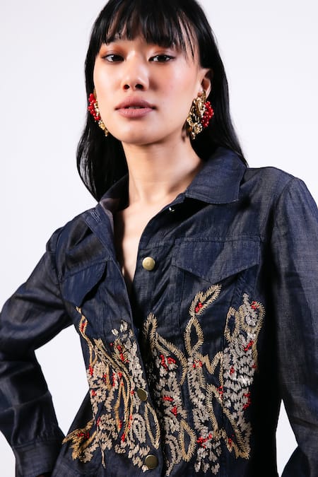Shop AK-OK Blue Denim Embroidery Collared Jacket And Pant Set Online at Aza Fashions Shop_AK-OK_Blue Denim Embroidery Collared Jacket And Pant Set _Online_at_Aza_Fashions