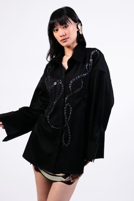 Shop AK-OK Black Sequins Collared Designer Blended Jacket Online at Aza Fashions Shop_AK-OK_Black Sequins Collared Designer Blended Jacket _Online_at_Aza_Fashions