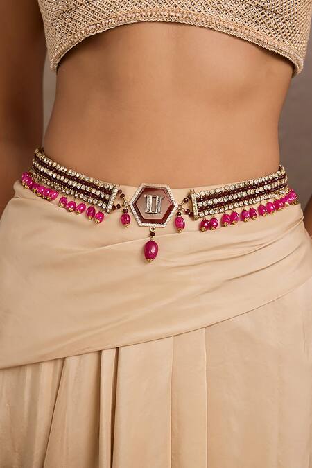 Shop_Tarun Tahiliani_Pink Crystals, Beads Metal Broach Belt _Online_at_Aza_Fashions