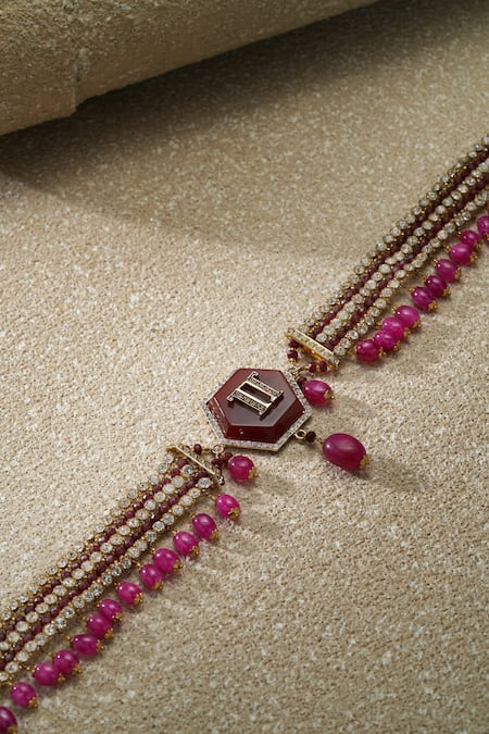 Shop_Tarun Tahiliani_Pink Crystals, Beads Metal Broach Belt _at_Aza_Fashions